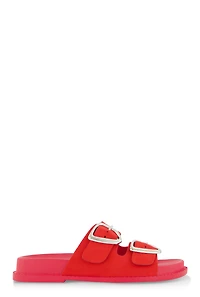 Womens Faux Suede Double Buckle Band Slide Sandals, Red, Size 6