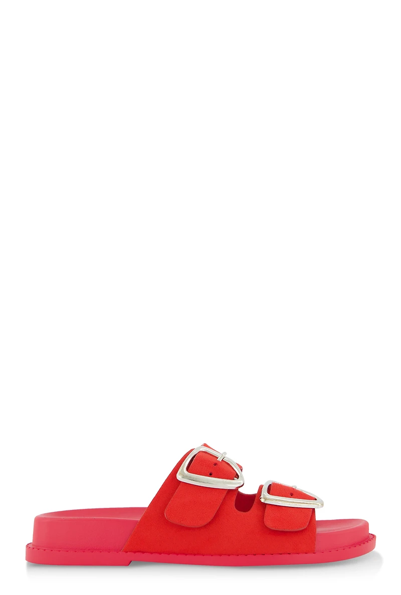 Womens Faux Suede Double Buckle Band Slide Sandals, Red, Size 8