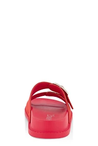 Womens Faux Suede Double Buckle Band Slide Sandals, Red, Size 6