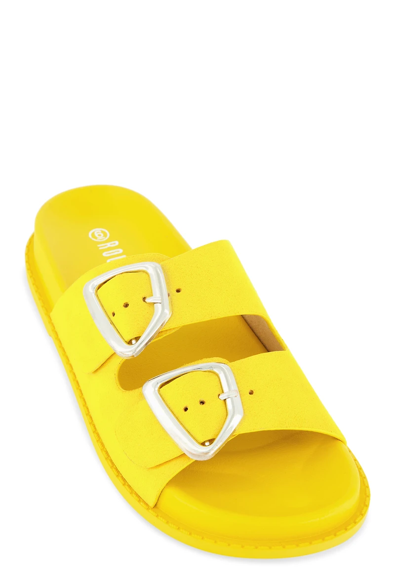 Faux Suede Double Buckle Band Slide Sandals