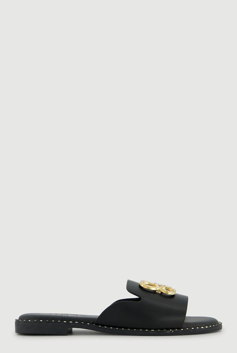 Metallic Pendant and Trim Detail Open Toe Sandals