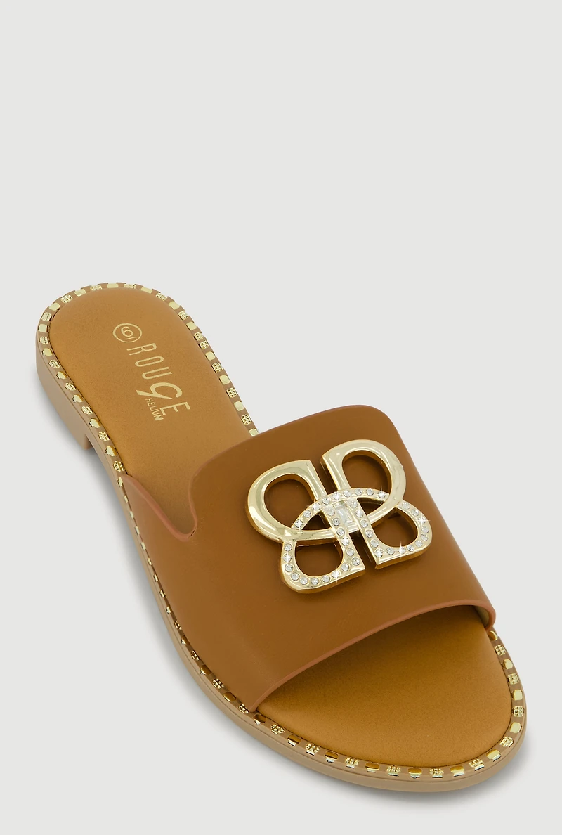 Metallic Pendant and Trim Detail Open Toe Sandals