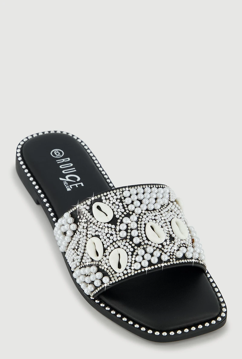 Rhinestone Faux Pearl Cowrie Shell Slide Sandals