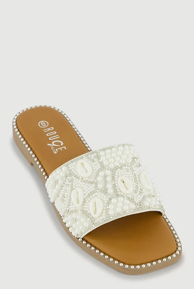 Rhinestone Faux Pearl Cowrie Shell Slide Sandals