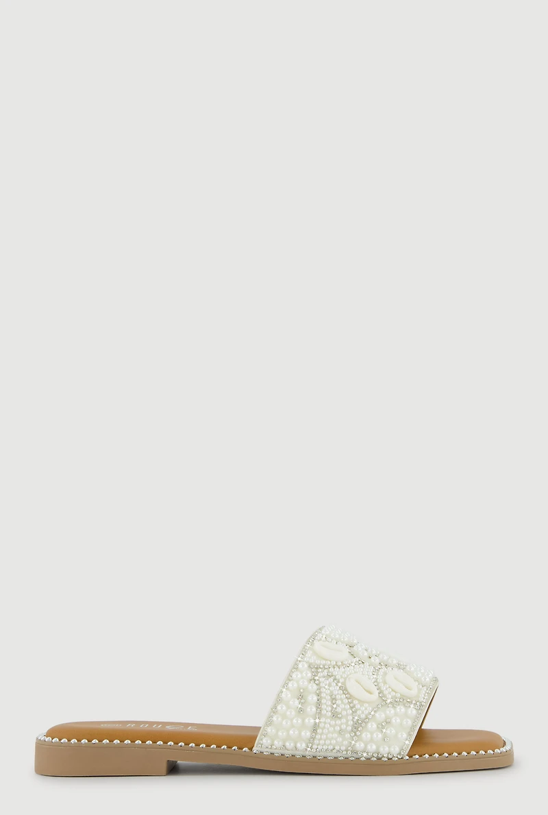 Rhinestone Faux Pearl Cowrie Shell Slide Sandals