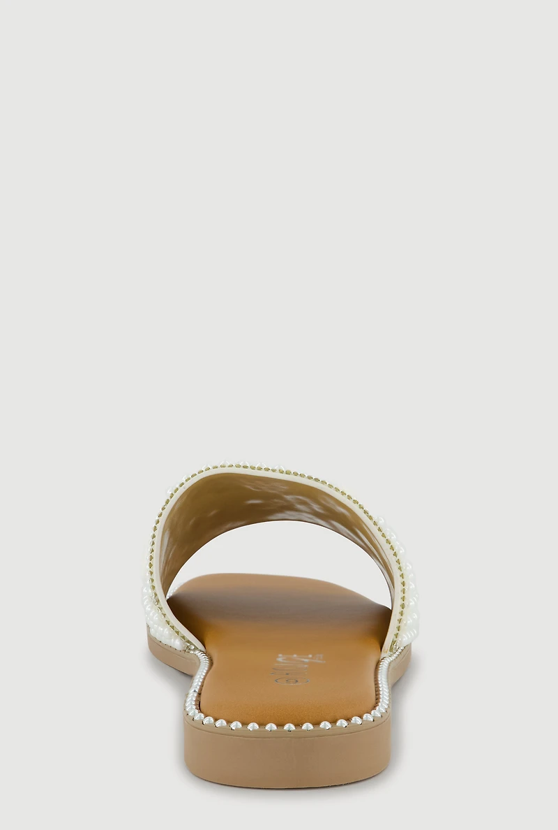 Rhinestone Faux Pearl Cowrie Shell Slide Sandals