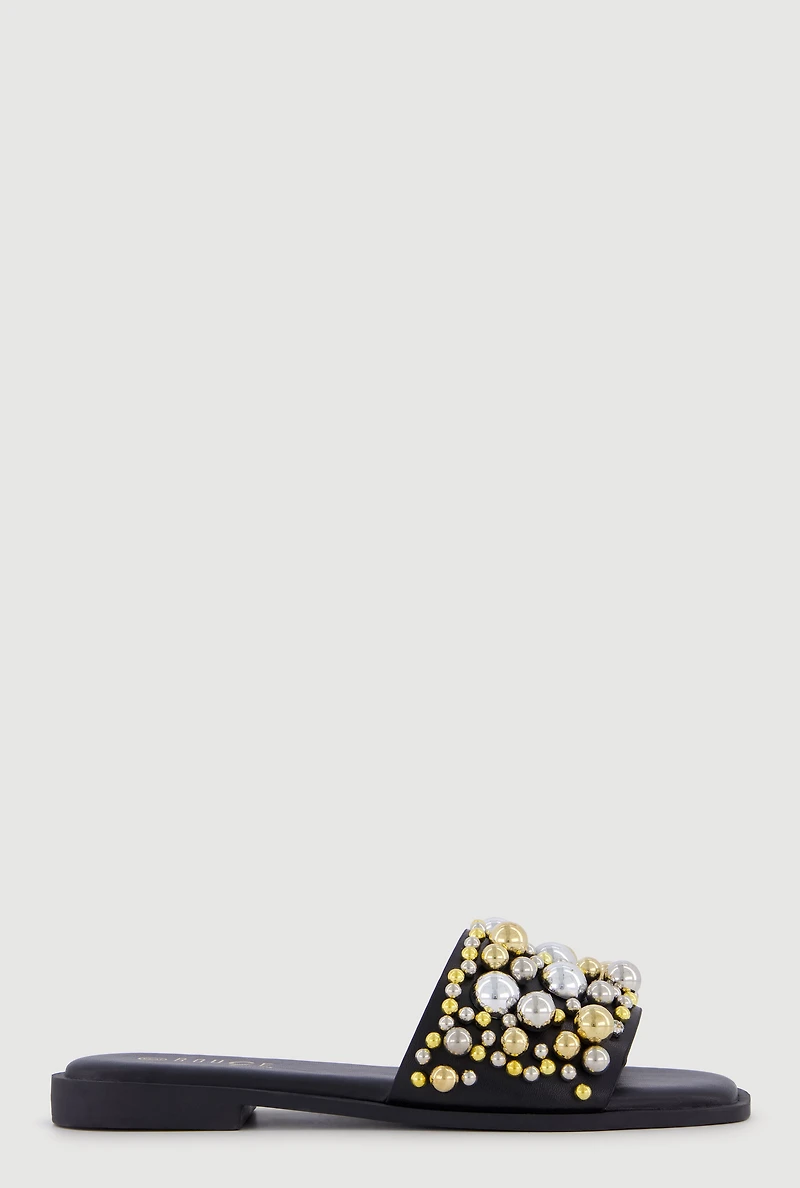 Faux Pearl and Rhinestone Single Band Slide Sandals