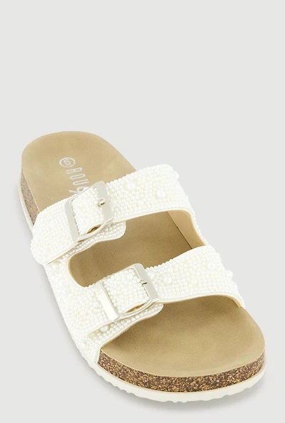 Faux Pearl Double Band Footbed Sandals