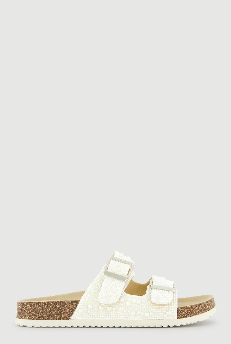 Faux Pearl Double Band Footbed Sandals