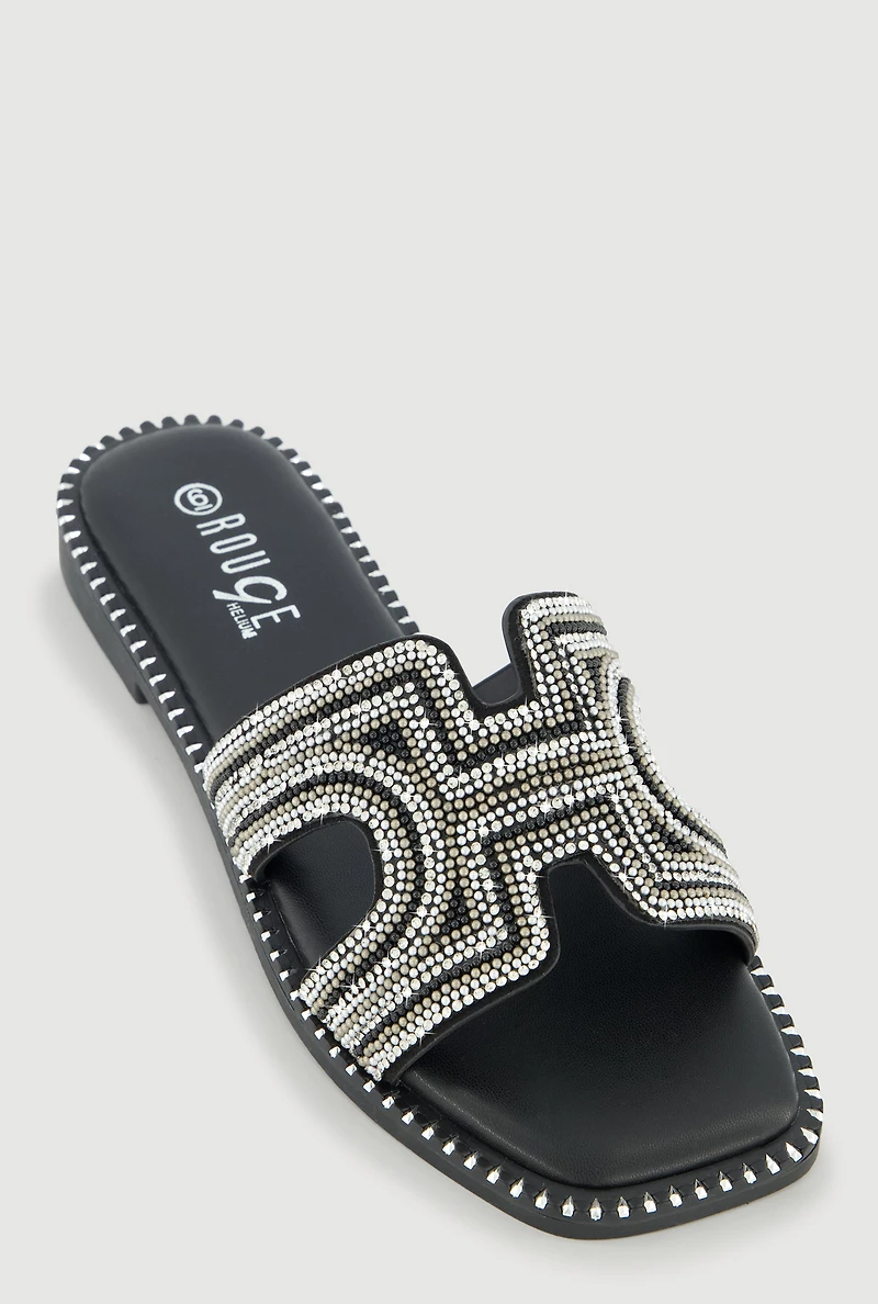 Rhinestone Beaded H Band Slide Sandals with Studded Trim
