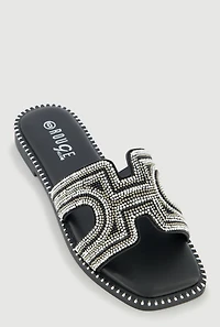 Rhinestone Beaded H Band Slide Sandals with Studded Trim