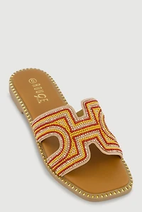Rhinestone Beaded H Band Slide Sandals with Studded Trim