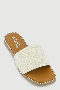 Faux Pearl Band Slide Sandals with Studded Trim