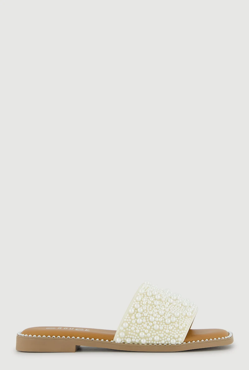 Faux Pearl Band Slide Sandals with Studded Trim