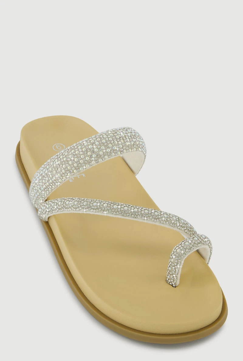 Asymmetrical Studded Rhinestone Toe Loop Sandals