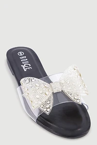 Rhinestone Bow Clear Band Slide Sandals