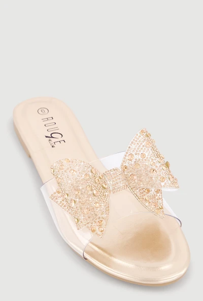 Rhinestone Bow Clear Band Slide Sandals