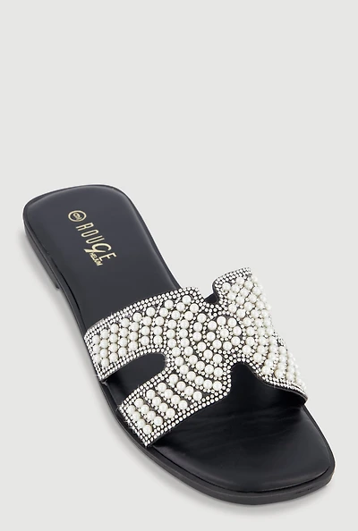 Faux Pearl H Band Slide Sandals with Rhinestones