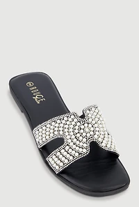Faux Pearl H Band Slide Sandals with Rhinestones