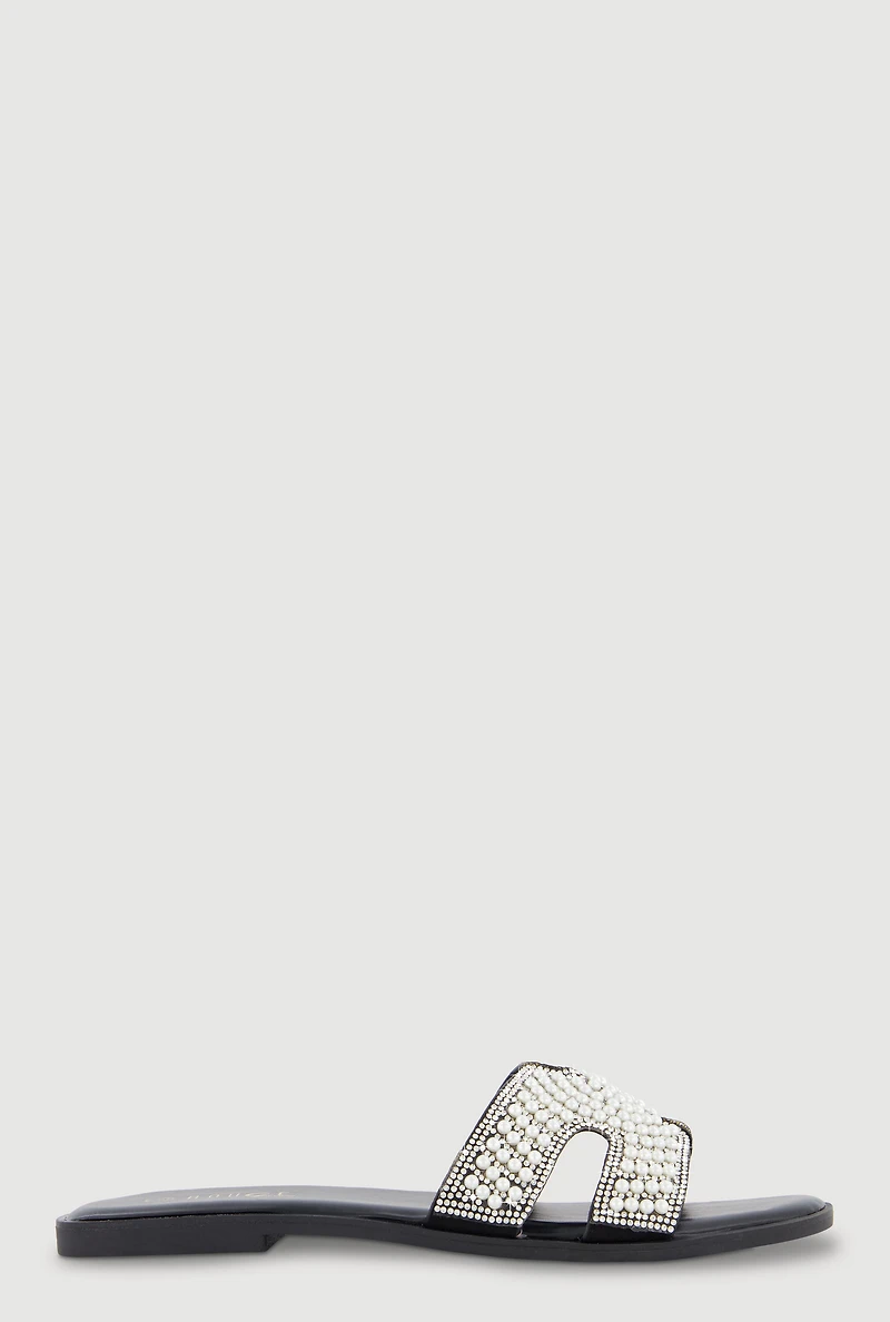 Faux Pearl H Band Slide Sandals with Rhinestones