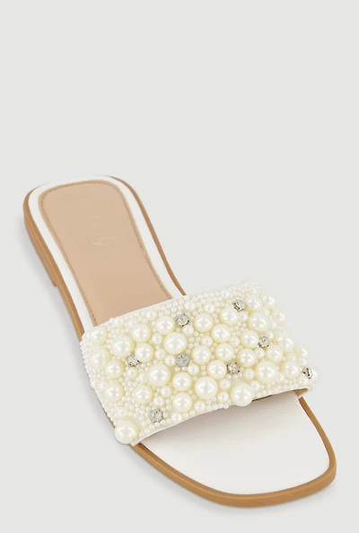 Faux Pearl Rhinestone Studded Slide Sandals