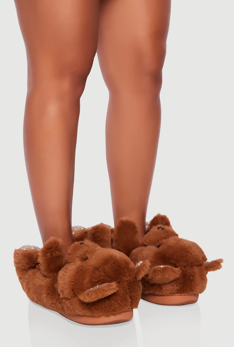Womens Faux Fur Teddy Bear Slippers, Brown, Size 8-9