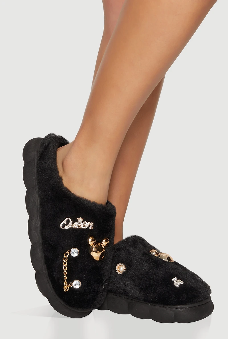 Womens Fuzzy Slippers with Rhinestone Charms,