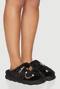 Womens Fuzzy Slippers with Rhinestone Charms,