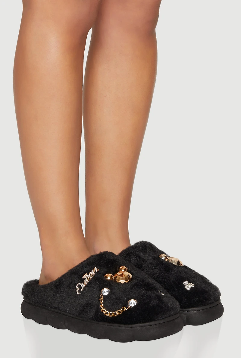 Womens Fuzzy Slippers with Rhinestone Charms,