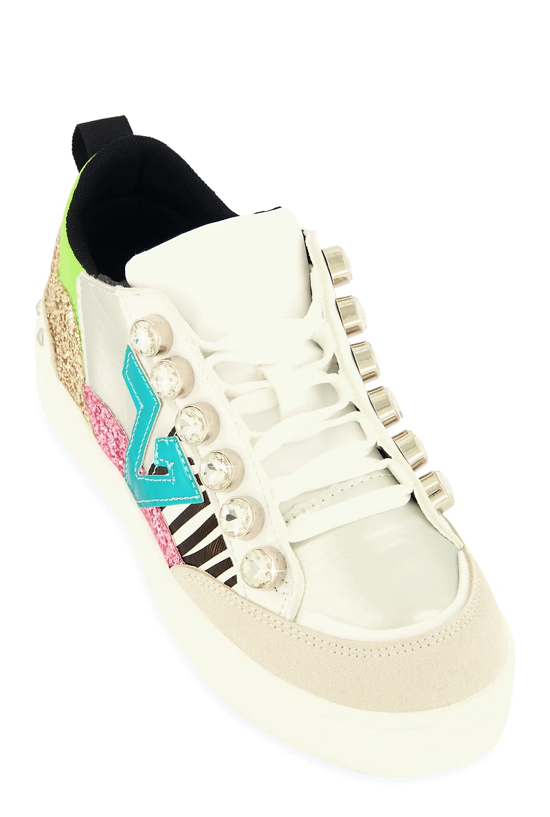 Rhinestone Detail Color Block Lace Up Sneakers