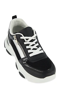 Womens Zipper Detail Chunky Sole Lace Up Sneakers, Black, Size 9