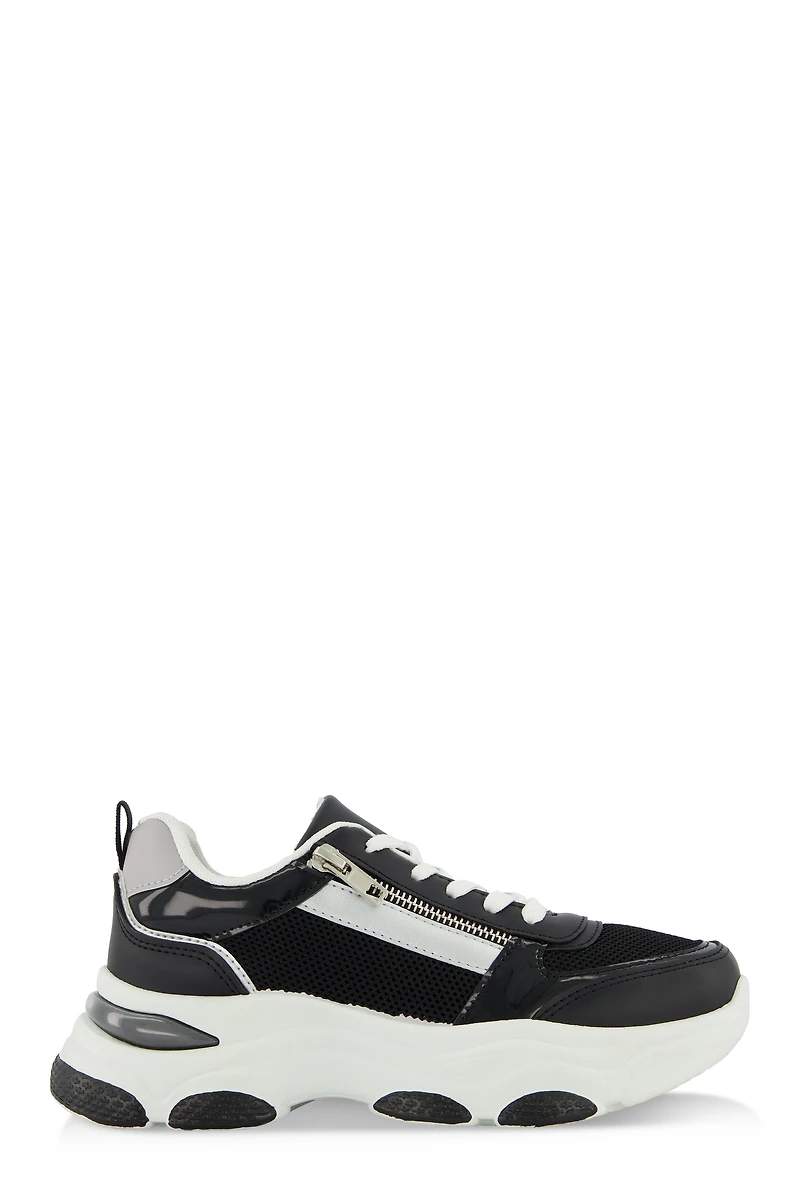 Womens Zipper Detail Chunky Sole Lace Up Sneakers, Black, Size 9