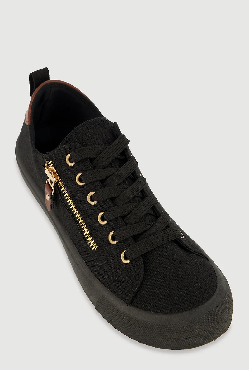 Zipper Detail Lace Up Low Top Sneakers