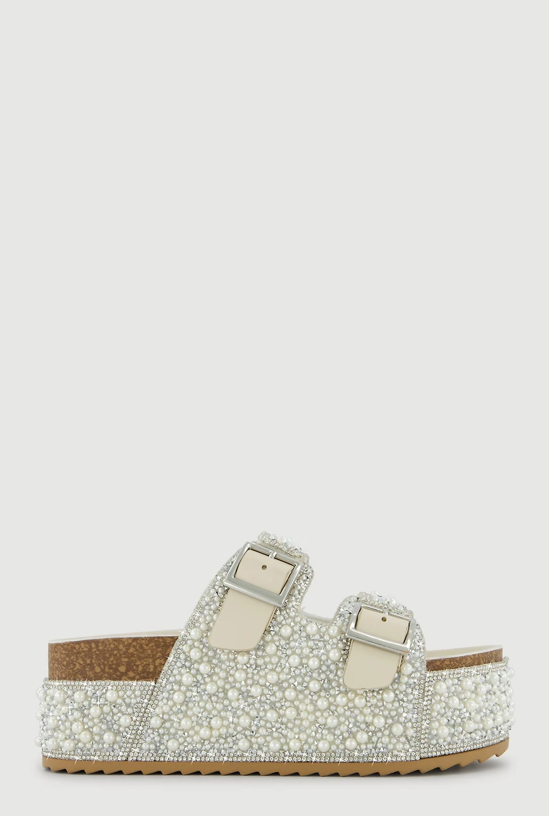 Faux Pearl Rhinestone Embellished Platform Footbed Sandals