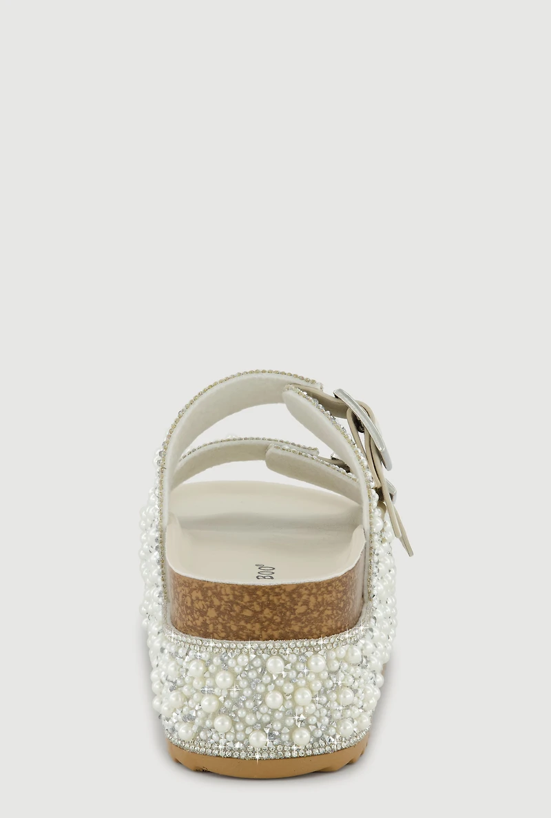 Faux Pearl Rhinestone Embellished Platform Footbed Sandals