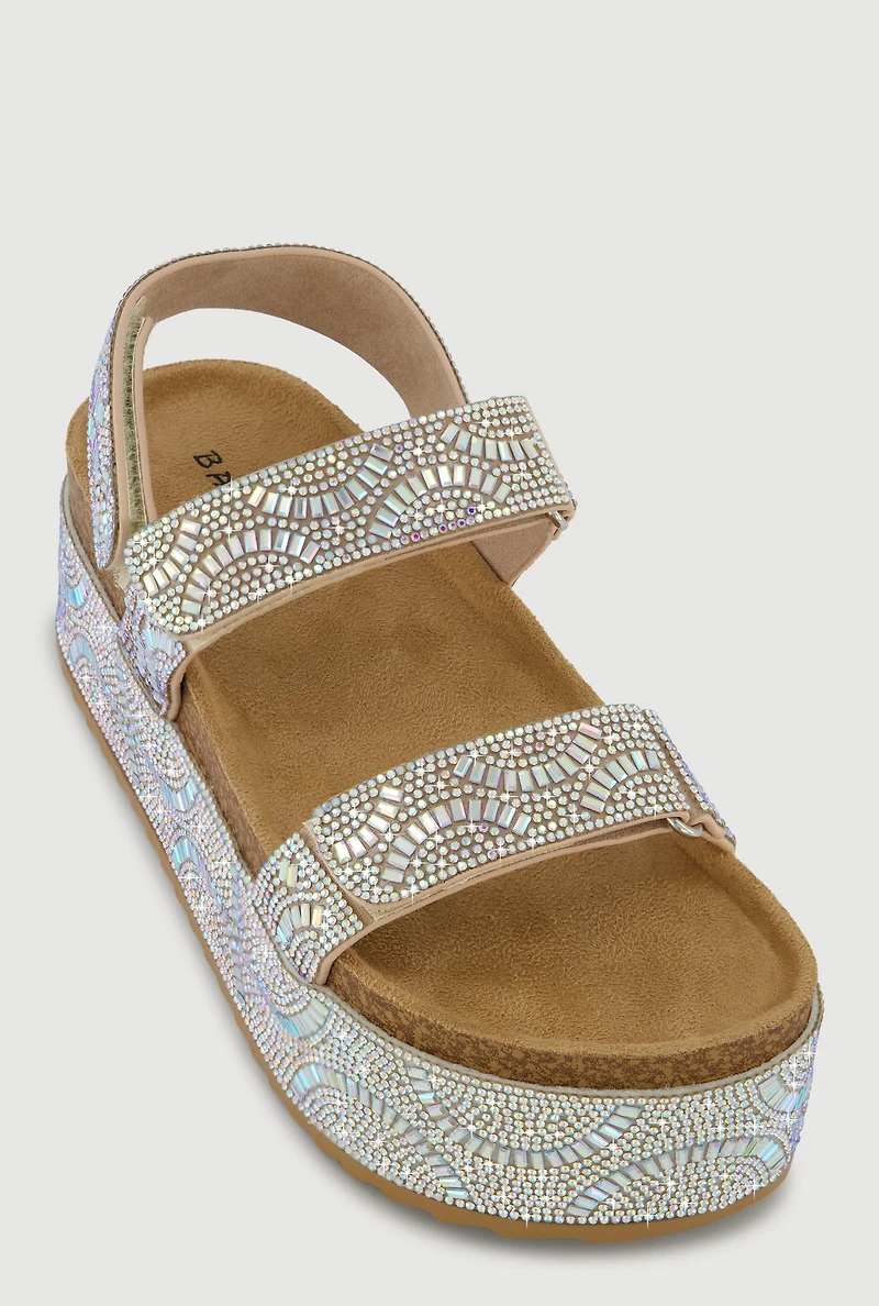 Iridescent Rhinestone Double Strap Platform Sandals