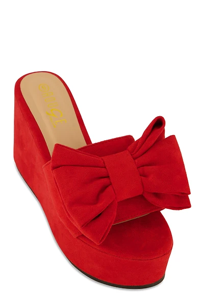 Womens Double Bow Band Wedge Slide Sandals, Red, Size 7