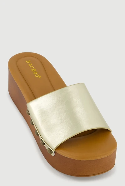 Metallic Studded Trim Open Toe Platform Sandals