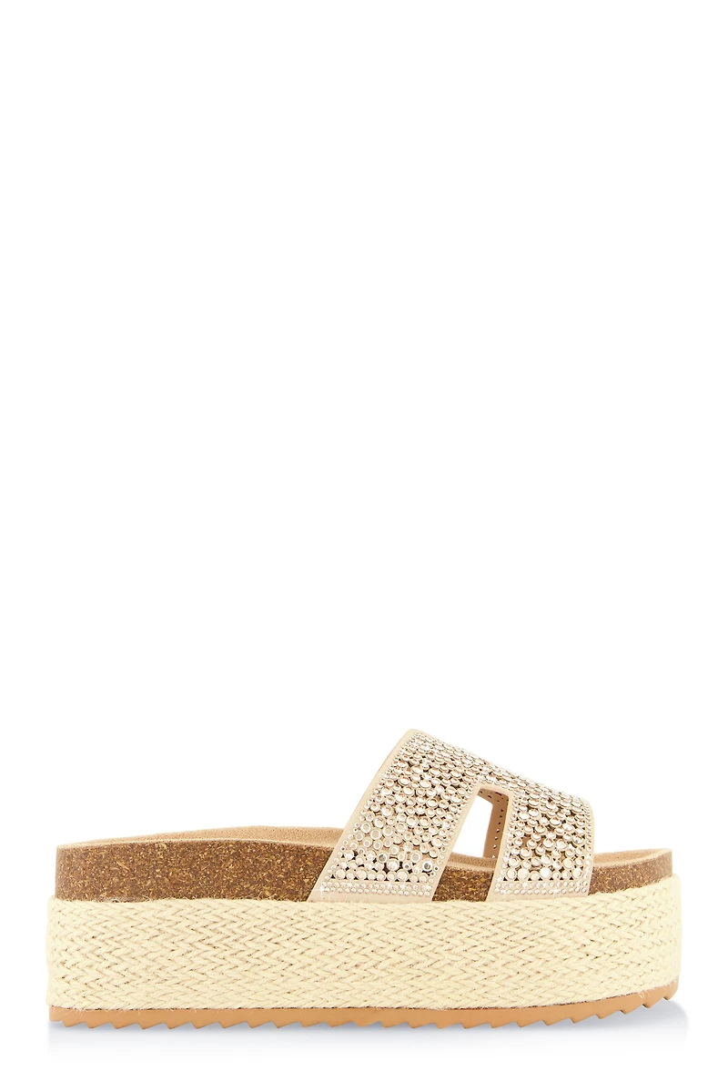 Womens Embellished Band Espadrille Platform Slide Sandals, Beige,