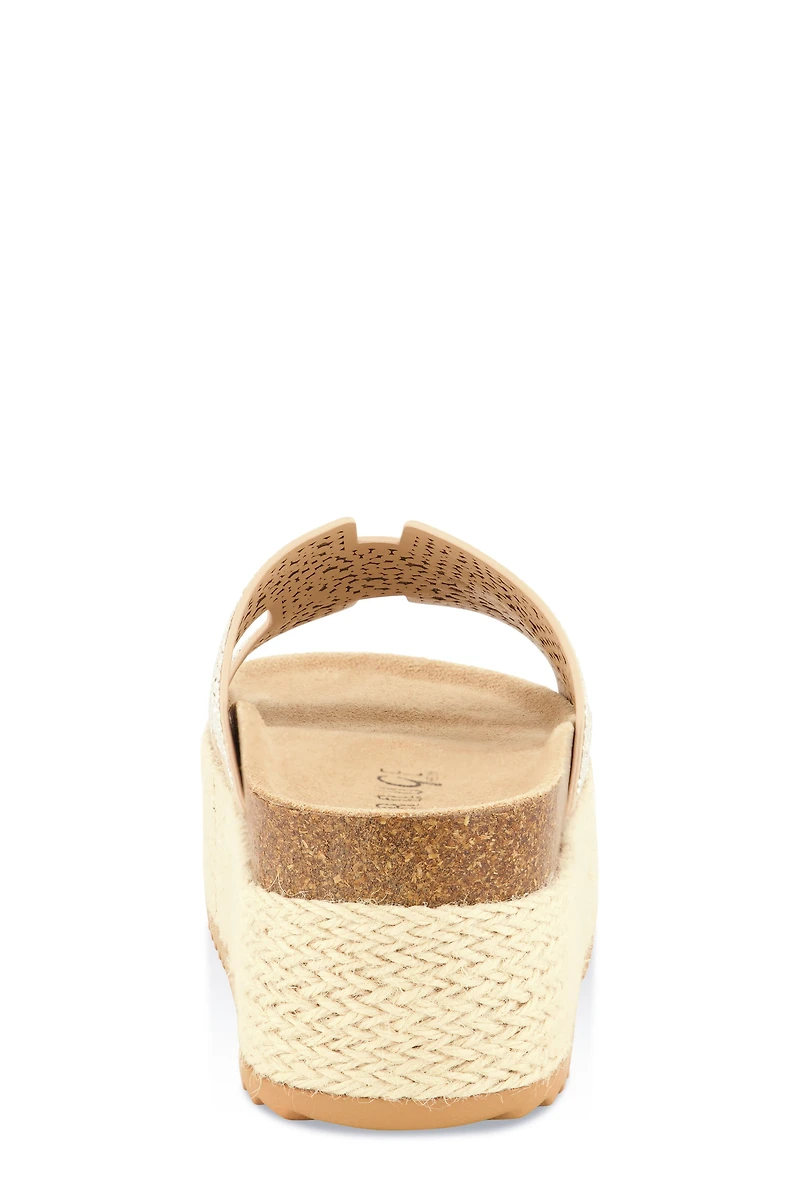 Womens Embellished Band Espadrille Platform Slide Sandals, Beige,
