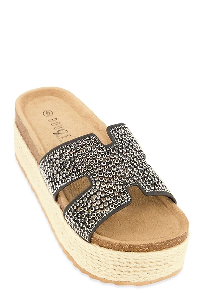 Womens Embellished Band Espadrille Platform Slide Sandals, Black, Size 9