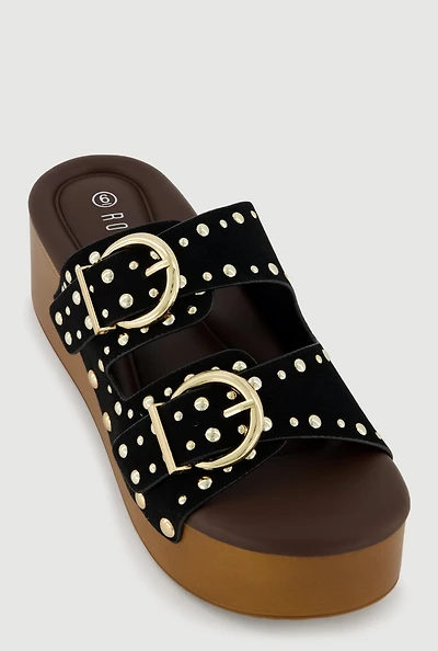 Studded Metallic Double Banded Open Toe Wedge Sandals