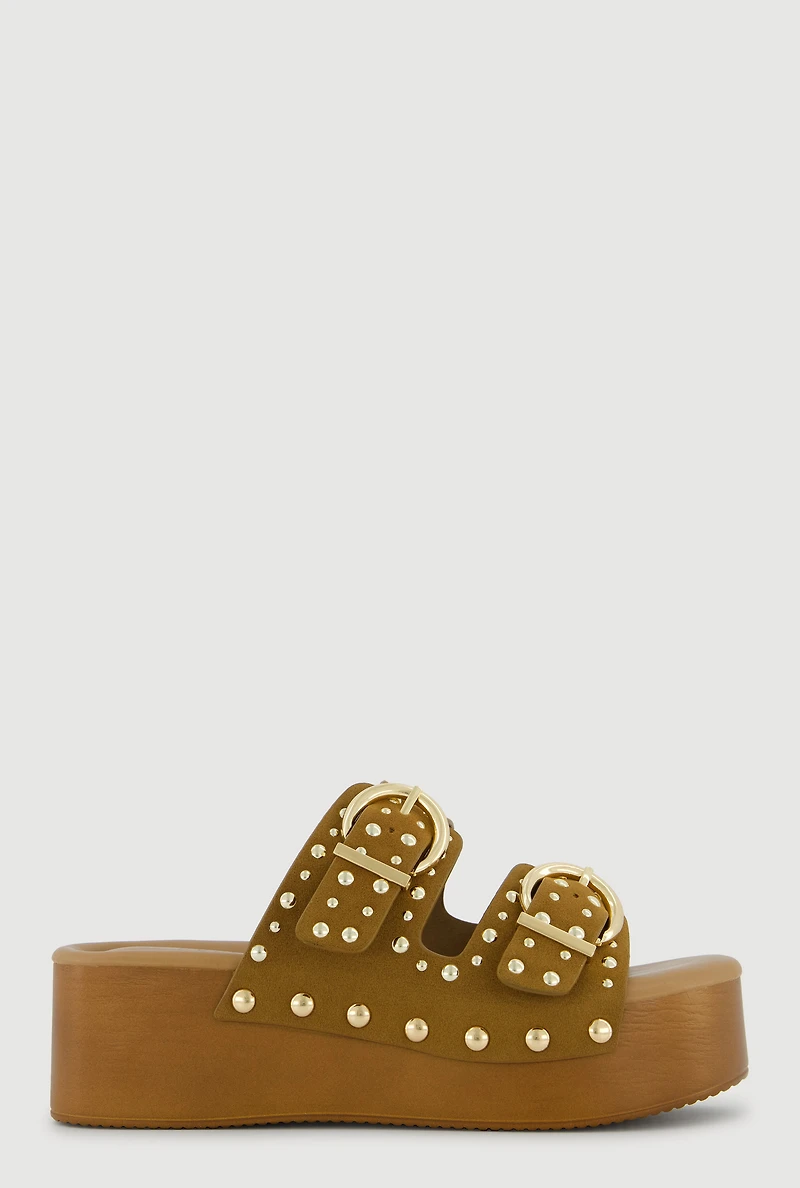 Studded Metallic Double Banded Open Toe Wedge Sandals