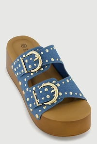Studded Metallic Double Banded Open Toe Wedge Sandals