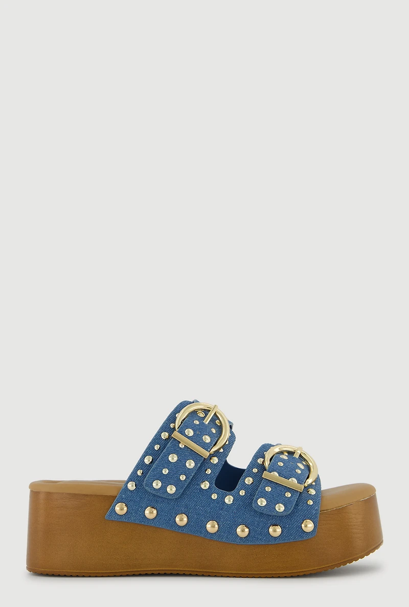 Studded Metallic Double Banded Open Toe Wedge Sandals