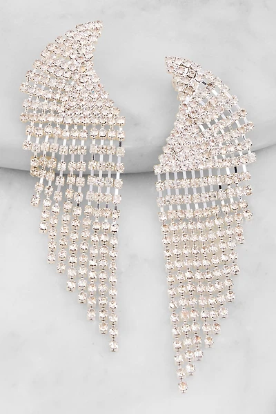 Womens Curved Rhinestone Fringe Drop Earrings, Silver