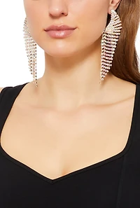 Womens Curved Rhinestone Fringe Drop Earrings, Gold