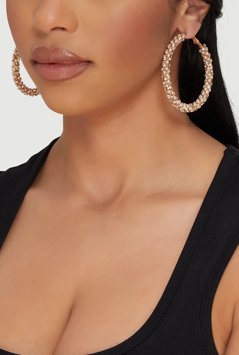 Rhinestone and Faux Pearl Encrusted Hoop Earrings
