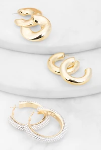 Womens Rhinestone Studded Chunky Hoop Earring Trio, Gold