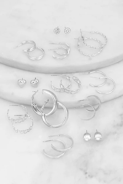 Womens Assorted Heart Stud and Hoop Earrings Set of 12, Silver